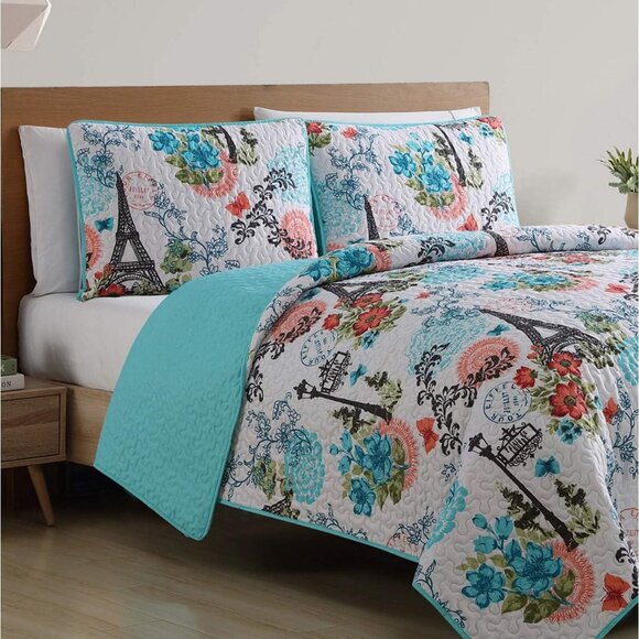 New Eiffel Tower Aqua Blue Reversible Quilt Set • 3 PC • DQ (DoubleQueen) Size - Picture 5 of 5